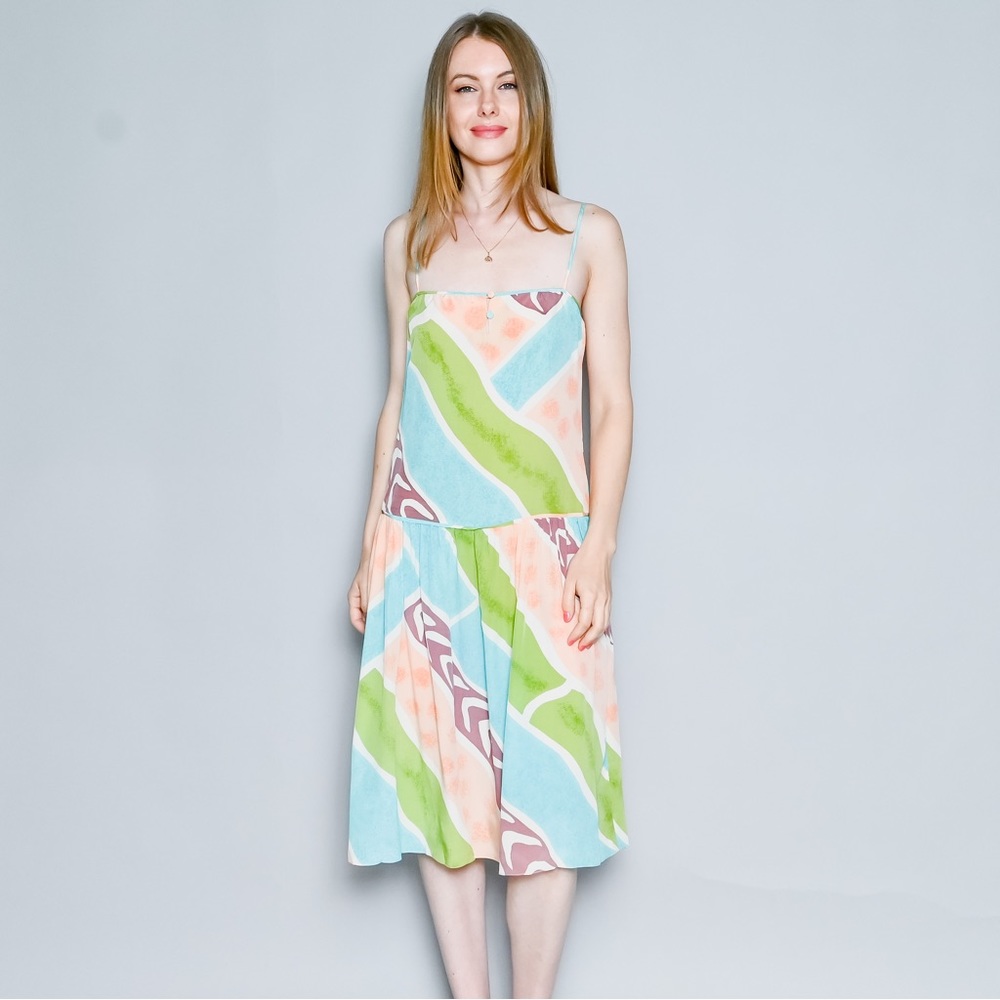 VINTAGE Mary McFadden Couture Drop Waist Multi Printed Silk Dress Small